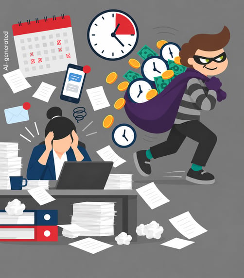 Overwhelmed employee in administrative chaos while a time thief steals time and money from the business.