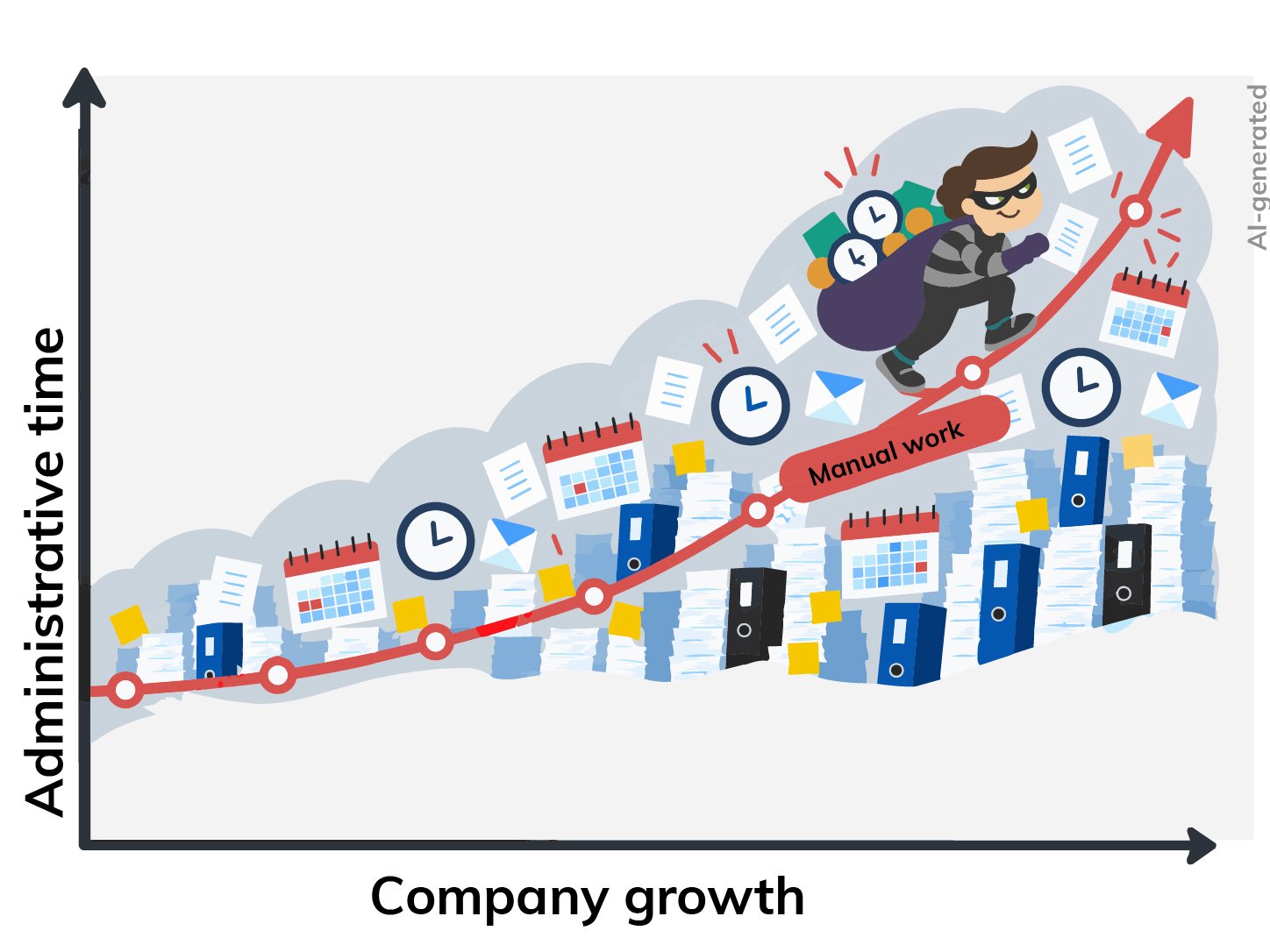 Graphic showing how the time spent on manual administrative tasks increases as a cleaning business grows.