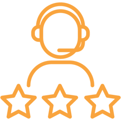 Orange coloured icon of a customer service agent with three stars underneath them to symbolise customer service and feedback that help a business stand out.