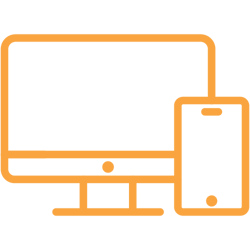 Orange coloured icon of a computer screen and a smartphone, symbolising technology and digitalisation.