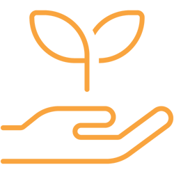 Orange icon of a hand holding a plant to symbolise environmental sustainability that makes a business stand out.