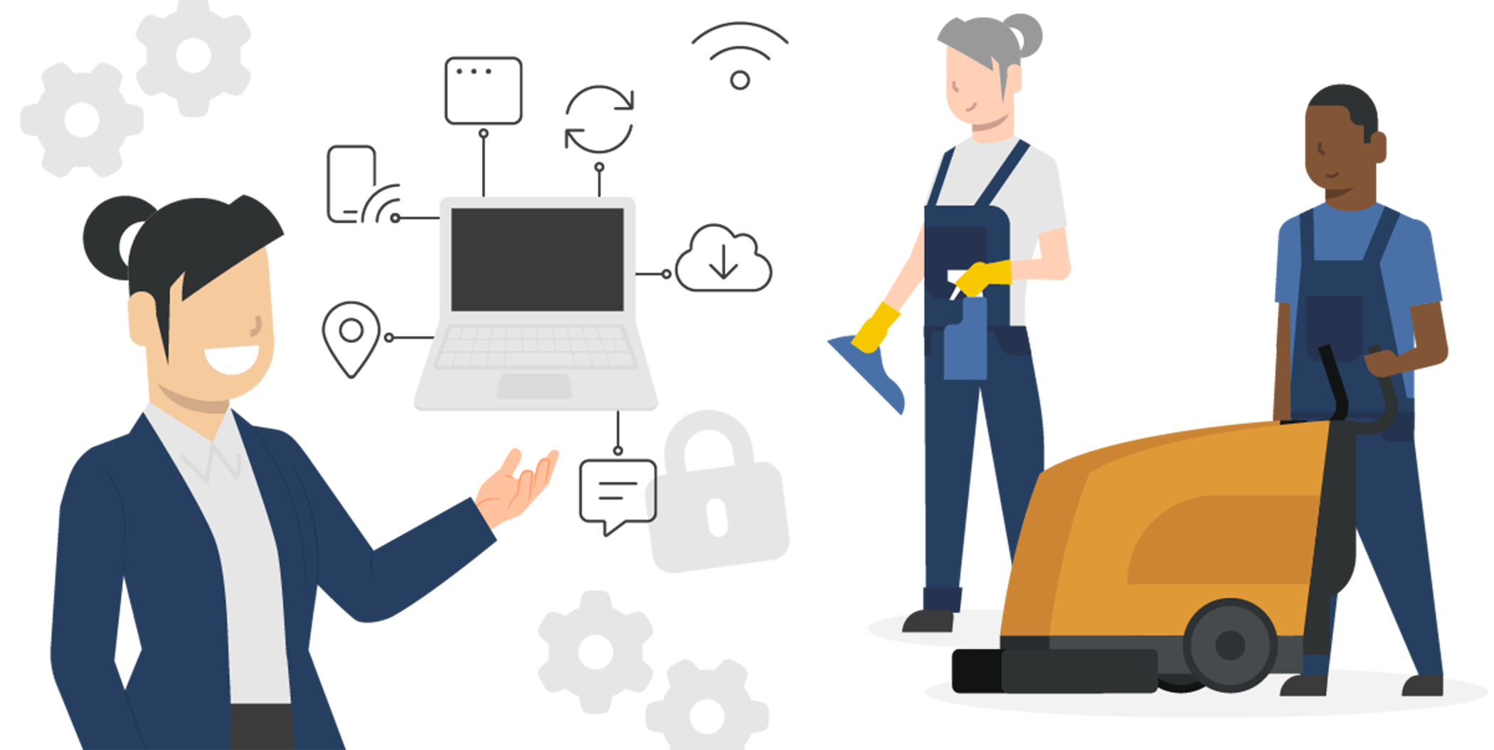 Cleaning operations manager talking about technology with the cleaning assistents