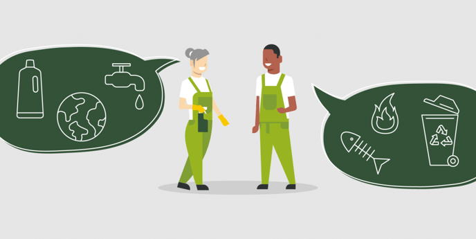 Two cleaning staff in green uniforms talking in front of icons for water, waste and the environment – illustrating a focus on sustainability and dialogue.