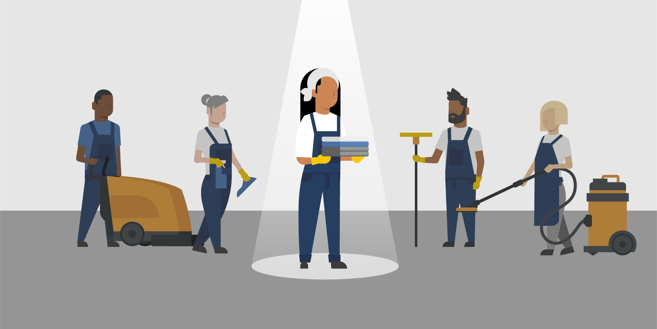 Cleaning staff with one in the middle having the spotlight, illustrating standing out from the competition