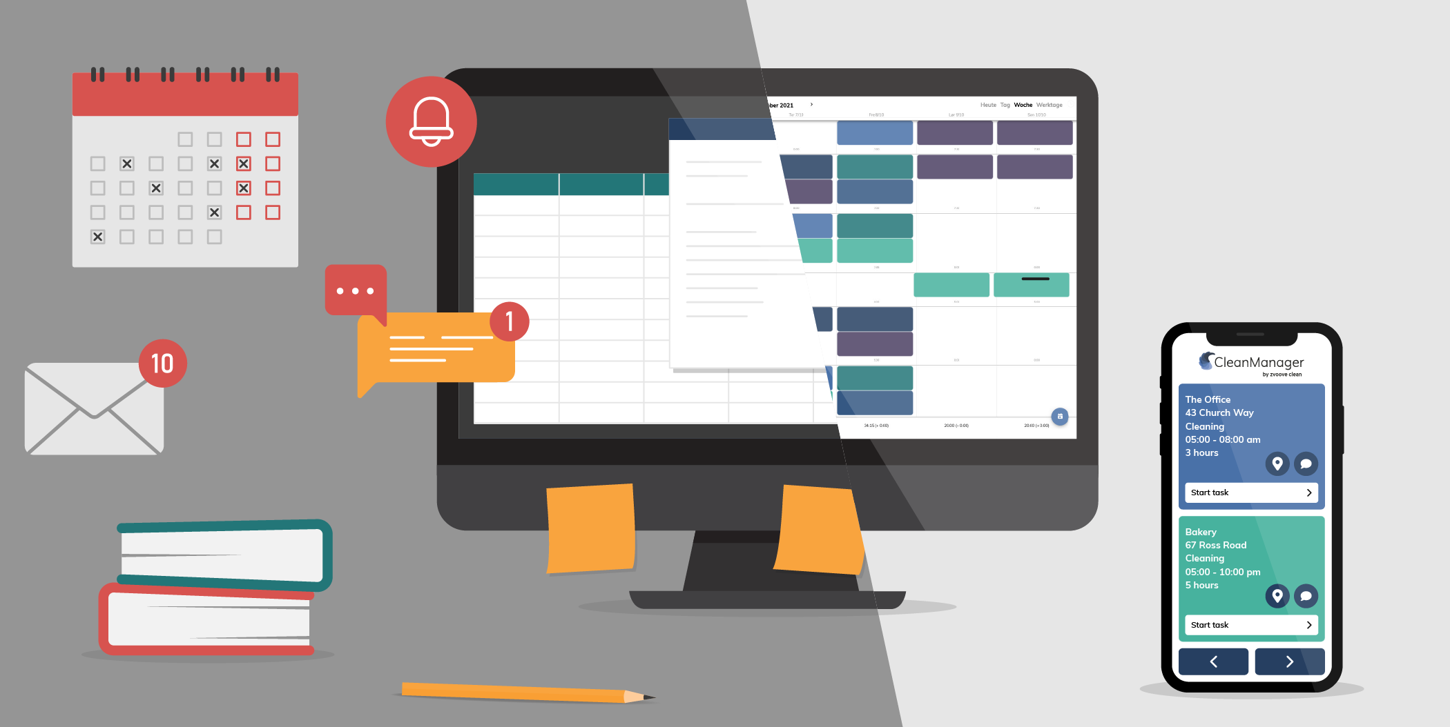On the left: chaotic schedule and task management, on the right: clear overview thanks to software on PC and smartphone.