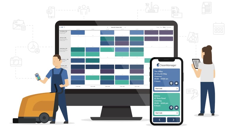 Illustration af CleanManagers digitale rengøringsplanlægning på en computerskærm og mobil med en rengøringsmedarbejder og serviceleder i forgrunden
