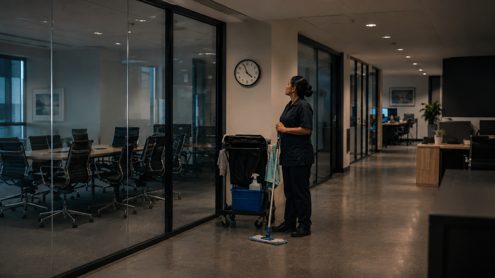 A cleaner looks up at the office clock beside her trolley.
