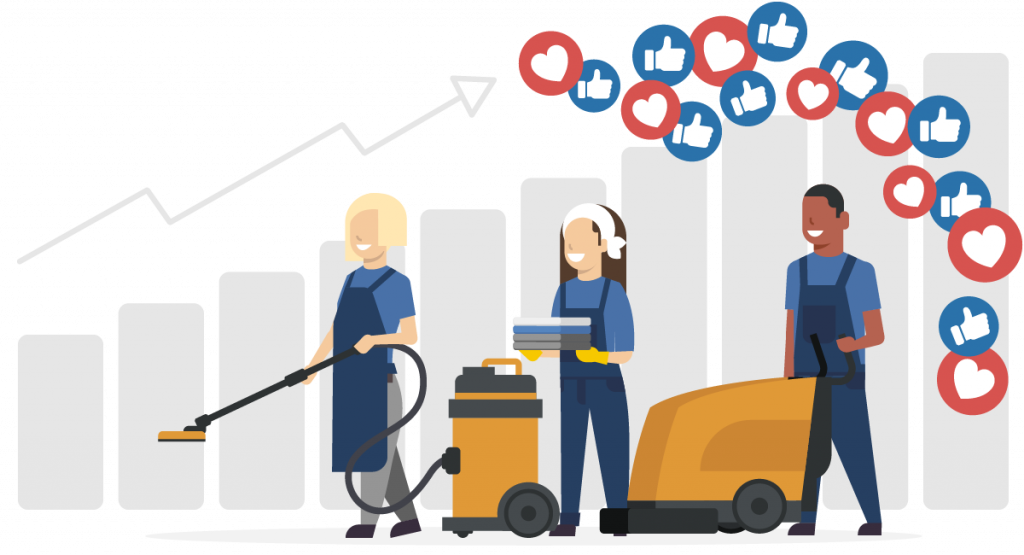 Tre rengøringsassistenter med professionelt udstyr står foran en graf, der viser vækst. Rundt om dem ses ikoner med likes og hjerter, som symboliserer kundetilfredshed og anerkendelse. Illustration af succes og værdsættelse i rengøringsbranchen.

