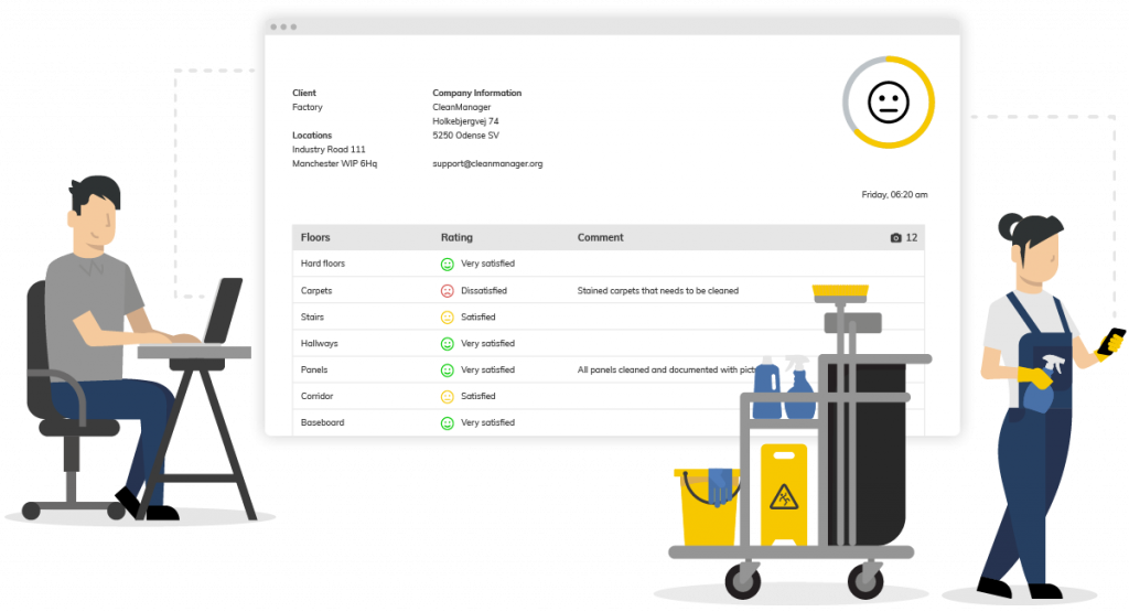 Employer and employee using cleaning business software for administration, quality control and documentation