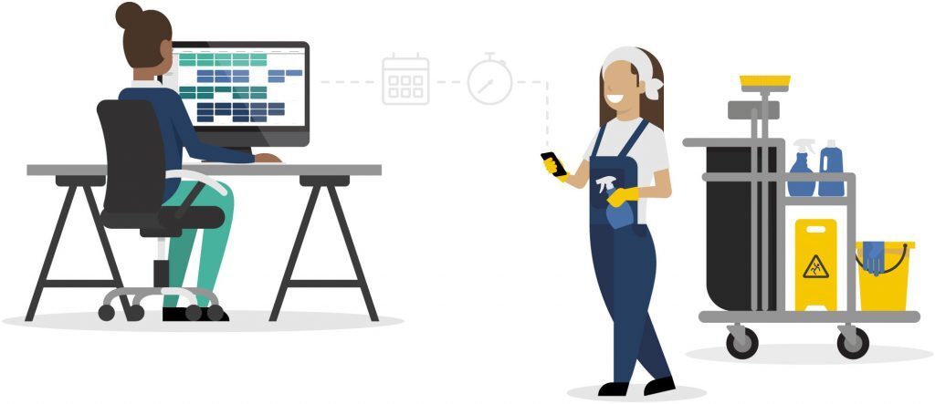 Cleaning facilities manager and cleaning employee keeping track of hours and schedules via digital solutions on app and pc. 