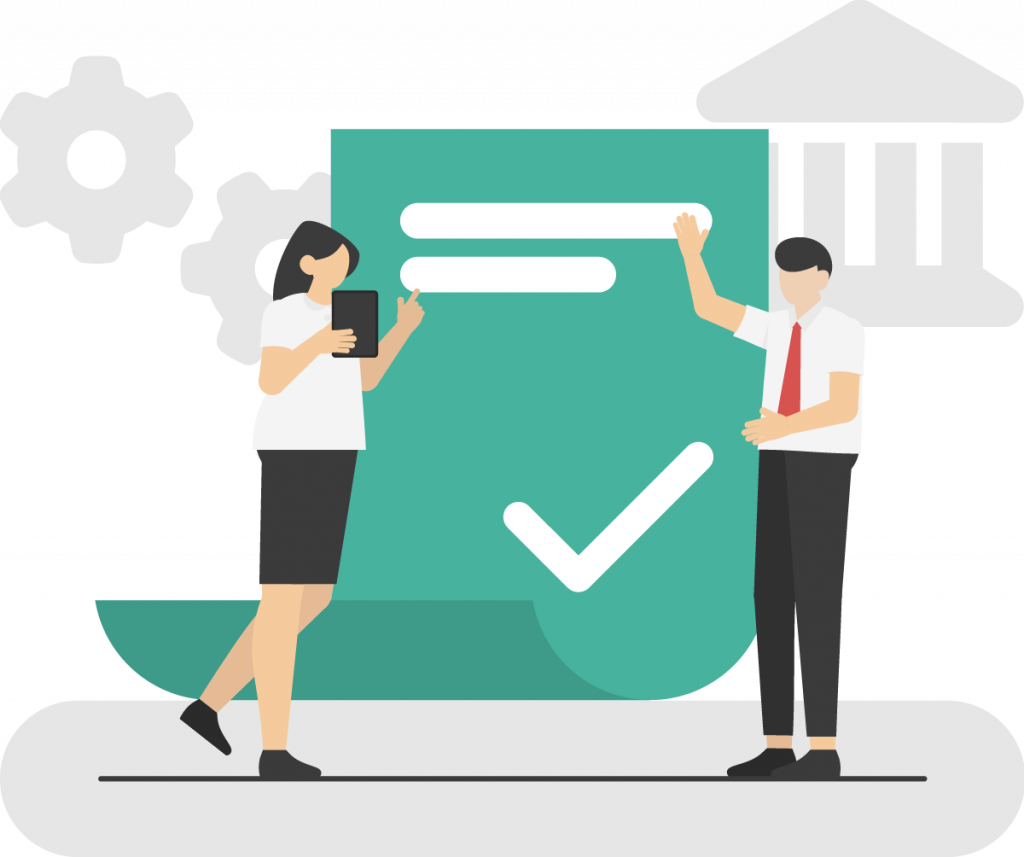 Two people standing in front of a green document with a check mark - indicating the regulations and rules that come with good governance.