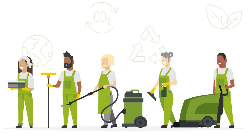 Cleaning staff in green clothing with environmental sustainability icons floating around to illustrate simpler recycling and other environmental initiatives